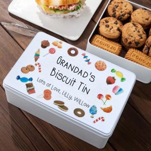 Personalized Biscuits Tin with Cute Candy Dessert Pattern Cookie Jar Sweet Box Storage Tin Gifts for Grandad Grandma Papa Grandparent Gift