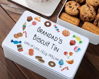 Personalized Biscuits Tin with Cute Candy Dessert Pattern Cookie Jar Sweet Box Storage Tin Gifts for Grandad Grandma Papa Grandparent Gift