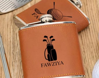 Custom Golf Name Drink Flask Engraved Men’s Leather Hip Bottle Gift for Golfers