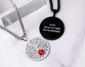 Custom Medical Alert Necklace Family Tree Pendant Necklace Engraved Name Emergency Medical ID Jewelry Gift for Her Mom Women Grandparent