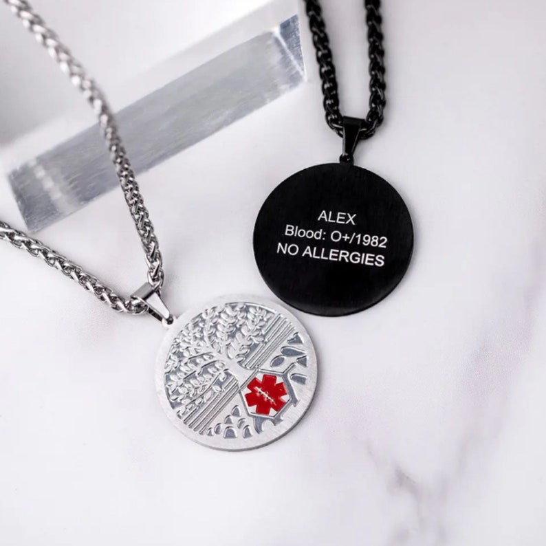 Custom Medical Alert Necklace Family Tree Pendant Necklace Engraved ...