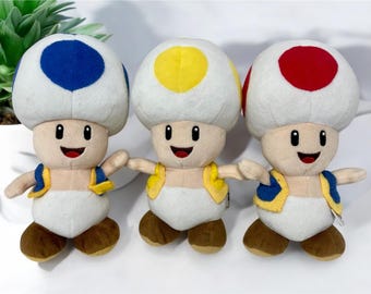 Super Mario Bros.Red Blue and yellow Toad Mushroom 8” Plush Stuffed,stuffed toy,personalized gift,Christmas present,Gift for kids,HadeHade