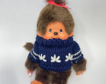 Vintage Monchhichi Plush Doll: Dark Blue Sweater, 8-inch