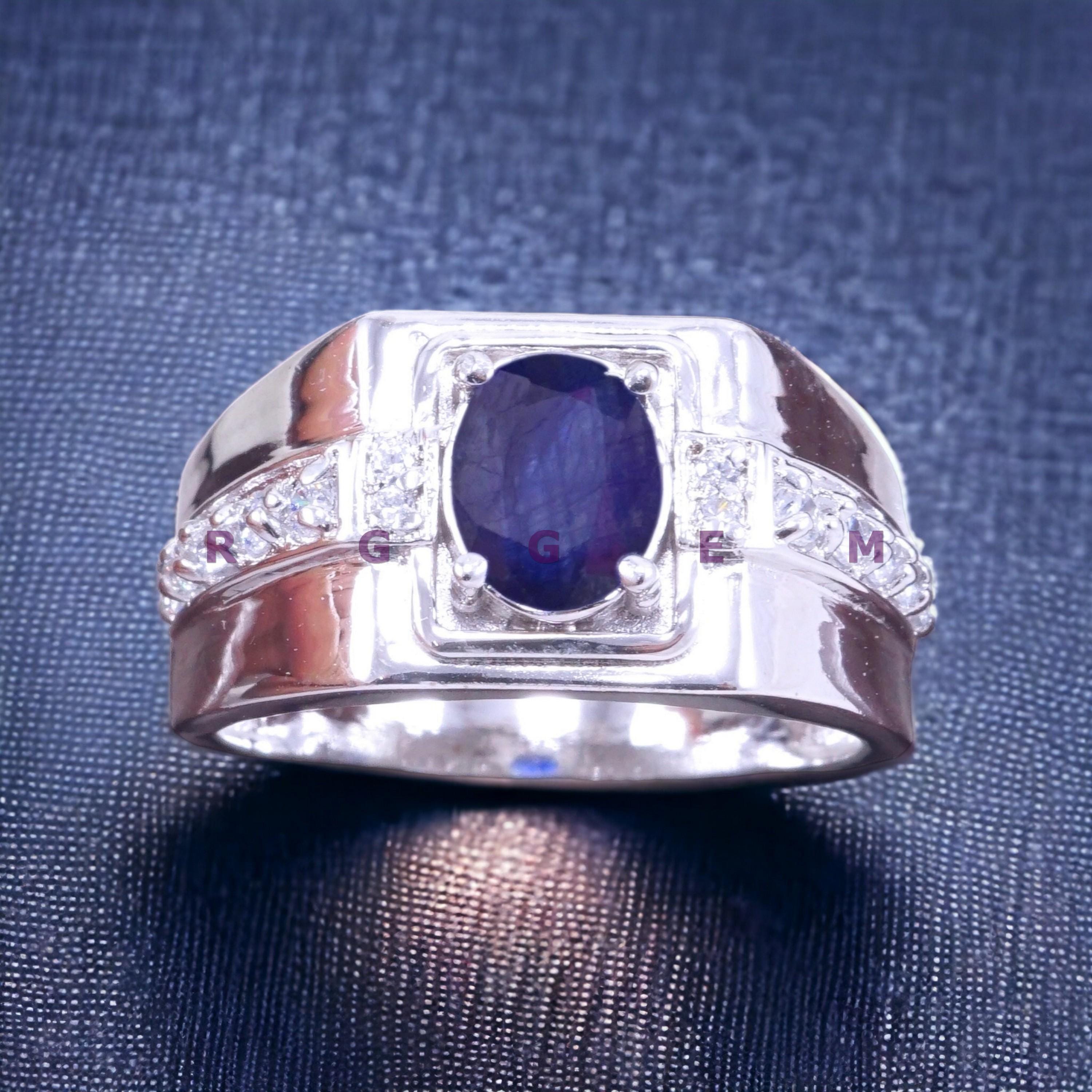 Blue Sapphire Men's Ring, Hand-Engraved Ring, Wedding Ring, Art Deco Ring, 14k Gold Over Ring, Anniversary Ring, September Birthstone Ring