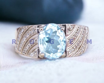 Handmade Aquamarine Men's Ring: 925 Sterling Silver, 14k Gold Accent