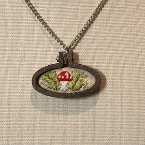 Mini Wooden Hoop with Hand Embroidered Mushroom and Fern Pendant, Charm for Keychain, Ornament, or Hang on your Car Rear Mirror