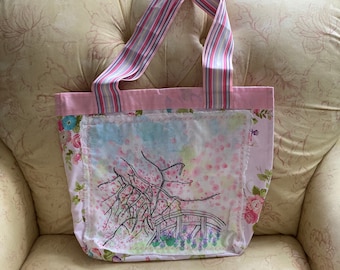 Handmade Impressionist Hand Painted with Free-form Machine Embroidered, Boxed Bottom, Lined, Bohemian Spring Shoulder Bag, Tote, Sack