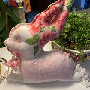 Handmade Pink and White Floral Stuffed Bunny Rabbit Toy Pillow