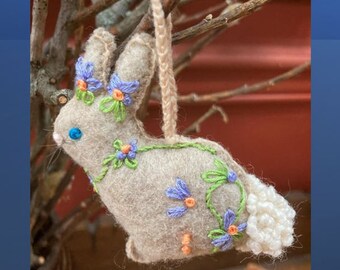 Handmade Embroidered Stuffed Felt Bunny with Hanger