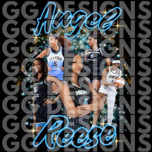 Puede incluir: Gráfico digital con cinco jugadoras de baloncesto con uniformes de equipo. La imagen tiene un fondo negro con las palabras "GG DESIGNS" en un patrón repetido. El nombre "Angel Reese" está escrito en azul en la imagen.