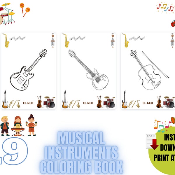 Musical Instrument Coloring Pages - Use At Home or School - Music Coloring Pages For Kids - Trombone, Violin, Piano, Clarinet, Harp & More