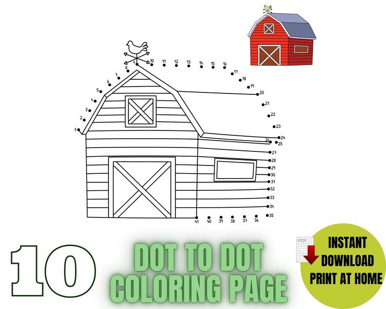 10 Pages Kids Dot to Dot, Farm , Farm Animals Connect the Dots