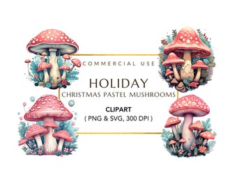 Pastel Mushroom Clipart, Mushroom SVG, Watercolor art, Fantasy Clipart, Instant Download, Christmas Mushroom PNG, SVG file, Commercial Use