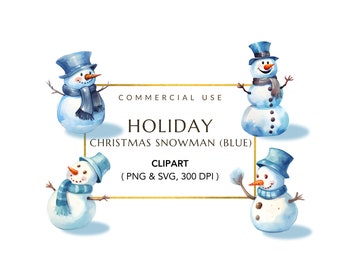 Snowman Clipart, Digital Download, PNG Clipart Bundle Snowman Pack, Blue Snowman Watercolor PNG Bundle, Watercolor Winter Clipart