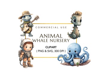 Clipart de ballenas, imágenes prediseñadas bajo el mar, lindos animales del océano PNG, uso comercial, descarga digital, lindo animal marino PNG, baby shower, náutica