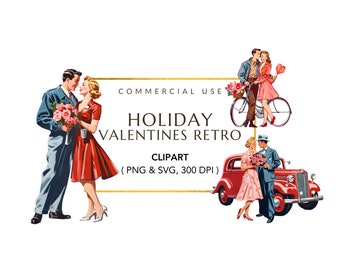 May include: A vintage Valentine's Day clip art set featuring two couples. One couple is riding a bicycle with a basket of flowers. The other couple is standing next to a red car. The text "HOLIDAY VALENTINES RETRO" is displayed in a gold frame.