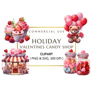 Valentine Day Clipart, Bear on Pink Balloon Clipart, Digital Download, Heart Candy Clip Art, Candy Heart SVG, Valentine Candy Shop Clipart