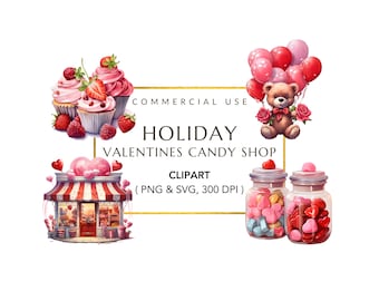Valentine Day Clipart, Bear on Pink Balloon Clipart, Digital Download, Heart Candy Clip Art, Candy Heart SVG, Valentine Candy Shop Clipart