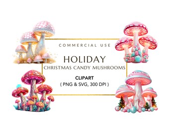 Christmas Mushroom PNG, Digital Download, Mushroom Ornament, Mushroom Decor, Candy Mushroom Clipart, Watercolor Mushroom Clipart, SVG file