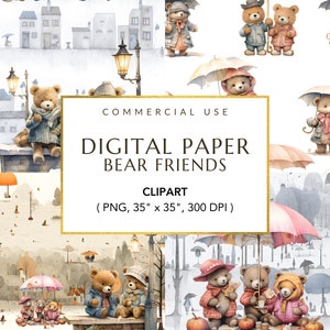 Papel digital de osito de peluche y amigos, imágenes prediseñadas de Bff, paquete de osos de baby shower, patrón sin costuras de guardería, diario basura, descarga digital
