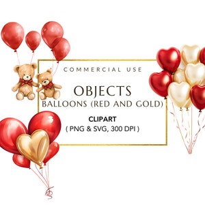 Red and Gold Balloon Clipart Bundle, Balloon PNG, Watercolor Teddy Bear, Digital Overlays, Balloon Cliparts, Valentine's Day, Commercial Use