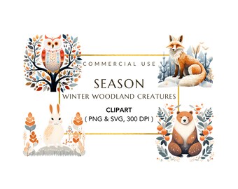 Winter Woodland Creatures, Christmas Fox Clipart, Forest Animals, Junk Journal, Digital Download, Winter Woodland Decor, Winter Woodland PNG