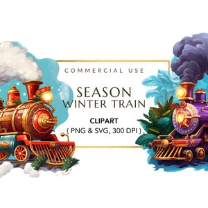 Acuarela Tren de Navidad Clipart, Polar Express, PNG de alta calidad, Uso comercial, Plataforma de tren de árbol de Navidad, Tren de invierno SVG