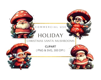 Santa Mushroom Clipart, Santa Claus PNG, Mushroom Christmas Clipart PNG,  Cottagecore SVG, Digital Download, Christmas Vintage Santa