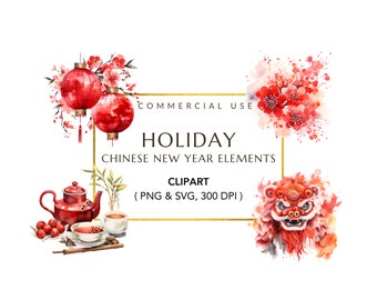 Puede incluir: Ilustración de acuarela de elementos del Año Nuevo Chino, incluyendo linternas rojas, una tetera, tazas de té, una máscara de danza de león y flores de cerezo. El texto "COMMERCIAL USE HOLIDAY CHINESE NEW YEAR ELEMENTS CLIPART (PNG & SVG, 300 DPI)" está escrito en un marco dorado.