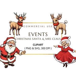 Clipart de Papai Noel e Sra. Noel, PNG de Natal, clipart de Sra. Claus, uso comercial, gráficos fofos de Natal, download digital, clipart de renas