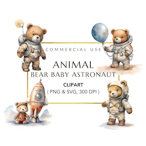 Clipart astronauta orsacchiotto, orsacchiotto nello spazio PNG, astronauta animale, download digitale, arte di compleanno, clipart razzo, uso commerciale