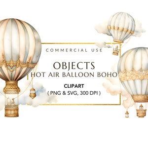 Hete luchtballon clipart, aquarel baby shower clipart, digitale download, ballonnen en wolken PNG, Boho clipart, transparante achtergrond