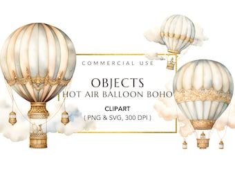 Hot Air Balloon Clipart, Watercolor Baby Shower Clipart, Digital Download, Balloons and Clouds PNG, Boho Clipart, Transparent Background