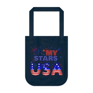 Dios bendiga la bolsa de asas de EE. UU. - ¡Oh, mis estrellas! - Bolso Tote Patriótico 100% Algodón Orgánico Certificado en Azul Marino imagen 2