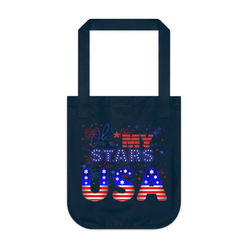 Dios bendiga la bolsa de asas de EE. UU. - ¡Oh, mis estrellas! - Bolso Tote Patriótico 100% Algodón Orgánico Certificado en Azul Marino imagen 2