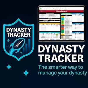 May include: A digital tablet displaying a fantasy football tracker interface, with the text "Dynasty Tracker" in large white letters. A blue shield logo with a football and rocket design is on the left. The tagline reads, "The smarter way to manage your dynasty."