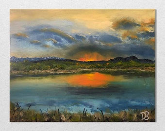 Lake Sunset Oil Painting on Stretched Canvas