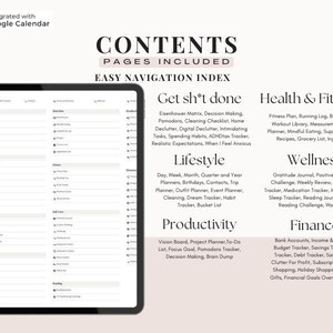 Pu&ograve; includere: Un planner digitale rosa e bianco con il titolo "Contents" e "Pages Included" in testo nero. Il planner include sezioni per "Get sh*t done", "Salute e Fitness", "Stile di vita", "Benessere", "Produttivit&agrave;" e "Finanze". Ogni sezione elenca diversi tipi di planner e tracker.