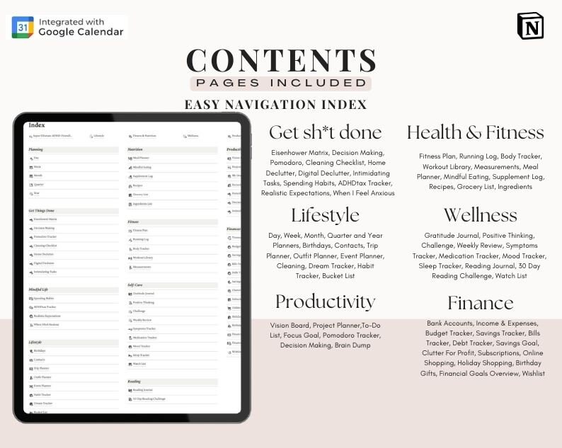 Pu&ograve; includere: Un planner digitale rosa e bianco con il titolo "Contents" e "Pages Included" in testo nero. Il planner include sezioni per "Get sh*t done", "Salute e Fitness", "Stile di vita", "Benessere", "Produttivit&agrave;" e "Finanze". Ogni sezione elenca diversi tipi di planner e tracker.