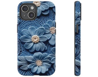 Custodia per telefono con fiori all'uncinetto blu fatta a mano: iPhone, Galaxy, Pixel