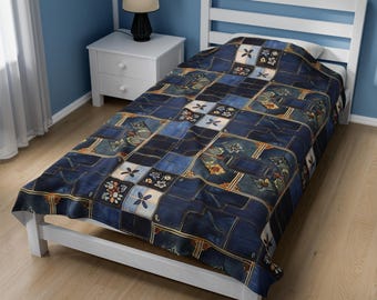 Coperta in velluto blu denim, design quadrato jeans