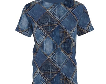 Maglietta in poliestere con stampa denim: texture jeans realistica