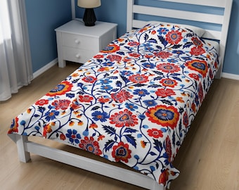 Coperta in velluto, coperta floreale polacca blu e rossa, biancheria da letto accogliente