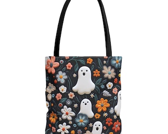 Borsa tote con fantasmi e fiori ricamati – Accessorio di Halloween