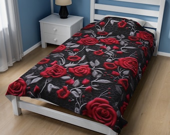 Coperta in velluto di velluto floreale con rose rosse, copriletto ricamato