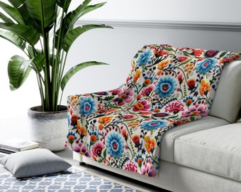Coperta in pile Sherpa con fiori ricamati messicani - Accogliente e vivace