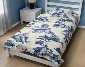 Coperta in velluto a coste giapponese, motivo vintage di montagna, coperta con fiori blu