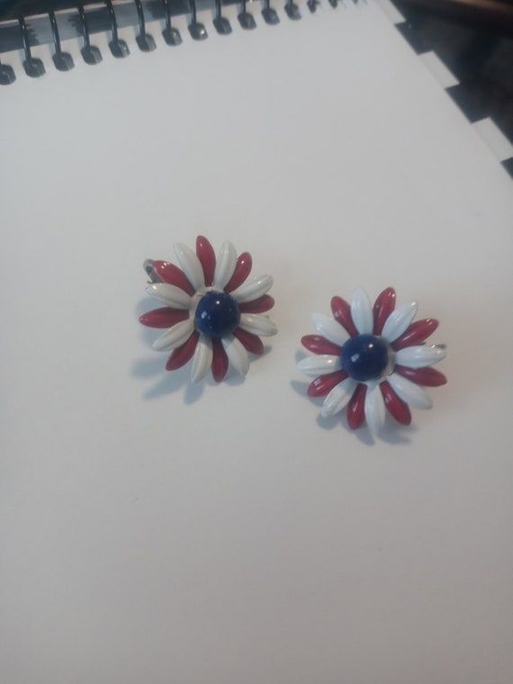 Patriotic enameled clip earrings red white blue d… - image 3