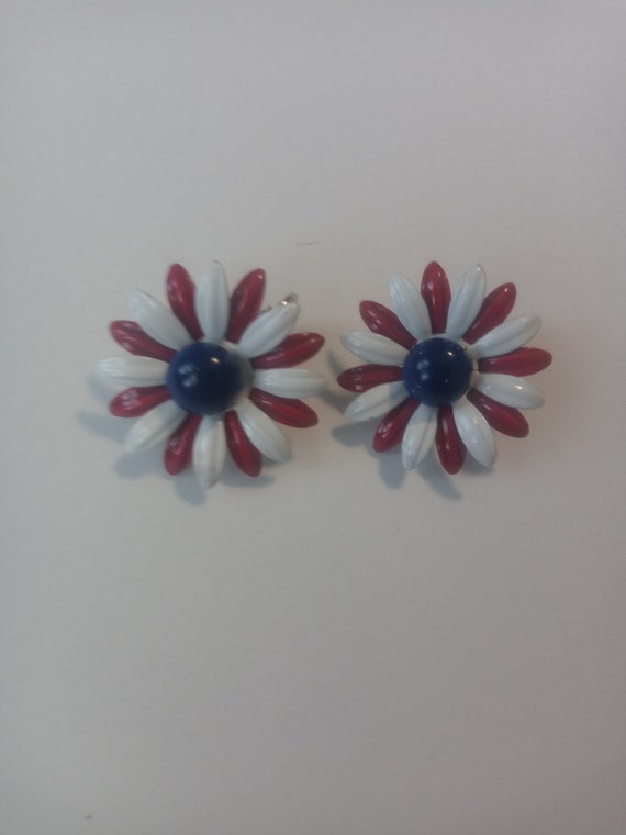 Patriotic enameled clip earrings red white blue d… - image 1