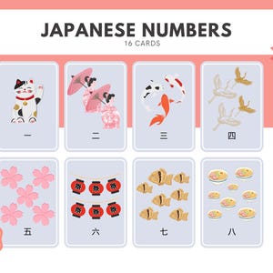 16 Printable Japanese Number Flash Cards,  Resource for Learning Japanese, Japanese-English, Learning PDF Digital Download